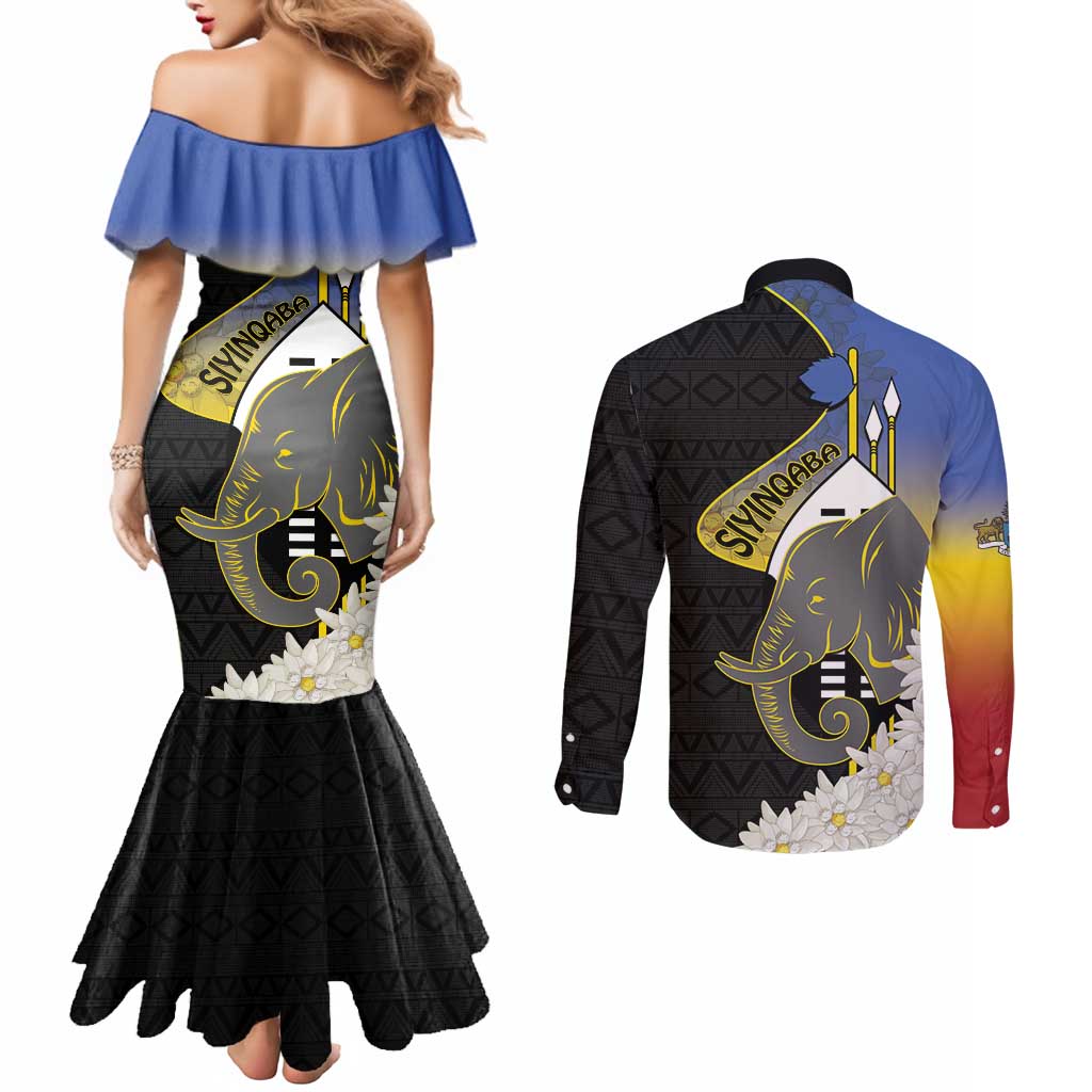 Eswatini Independence Day Couples Matching Mermaid Dress and Long Sleeve Button Shirt Swaziland Nguni Shield African Pattern - Wonder Print Shop