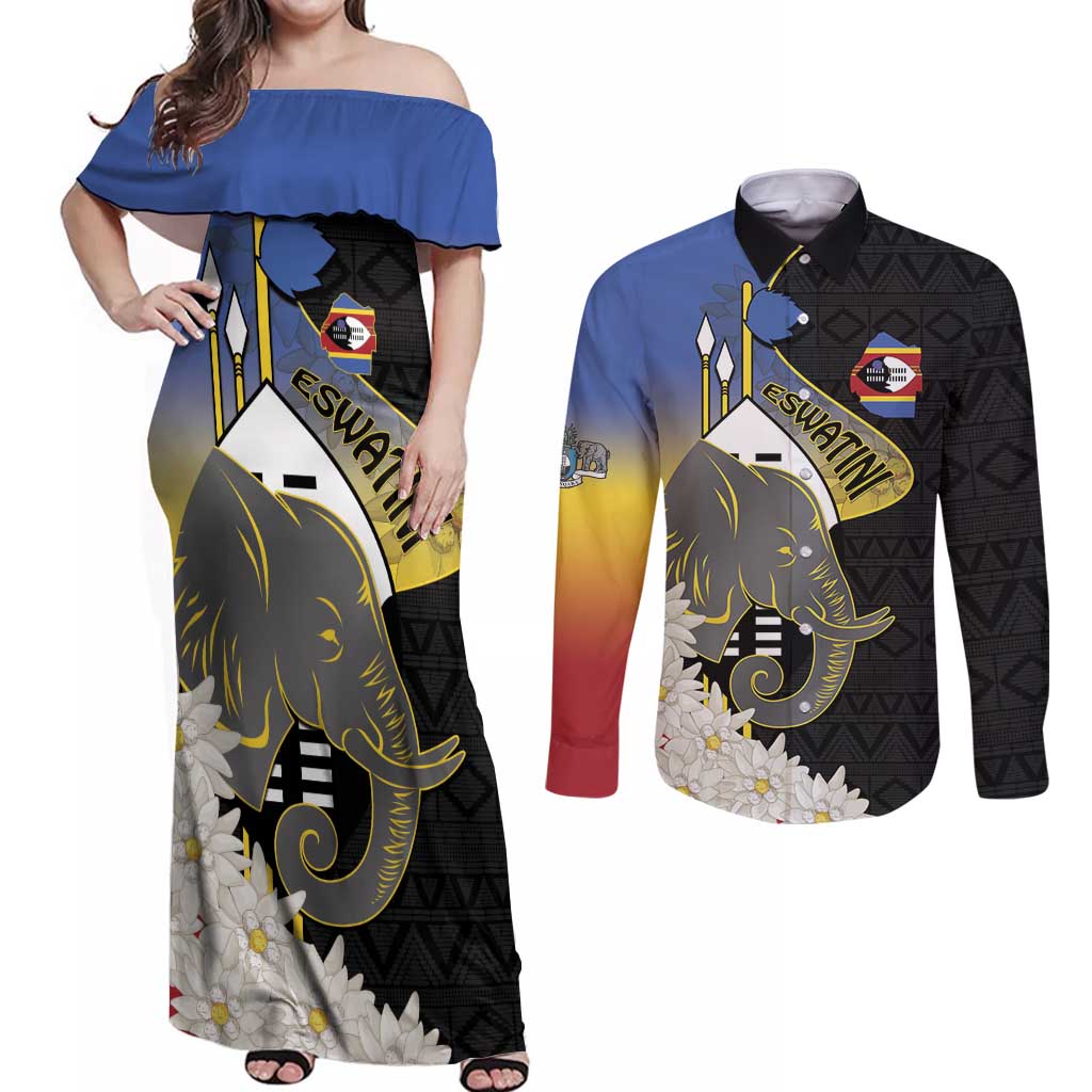 Eswatini Independence Day Couples Matching Off Shoulder Maxi Dress and Long Sleeve Button Shirt Swaziland Nguni Shield African Pattern - Wonder Print Shop