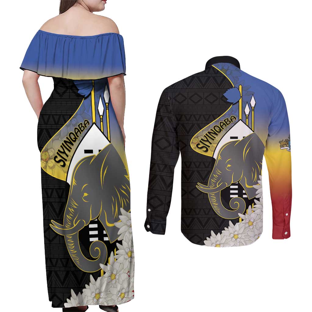 Eswatini Independence Day Couples Matching Off Shoulder Maxi Dress and Long Sleeve Button Shirt Swaziland Nguni Shield African Pattern - Wonder Print Shop