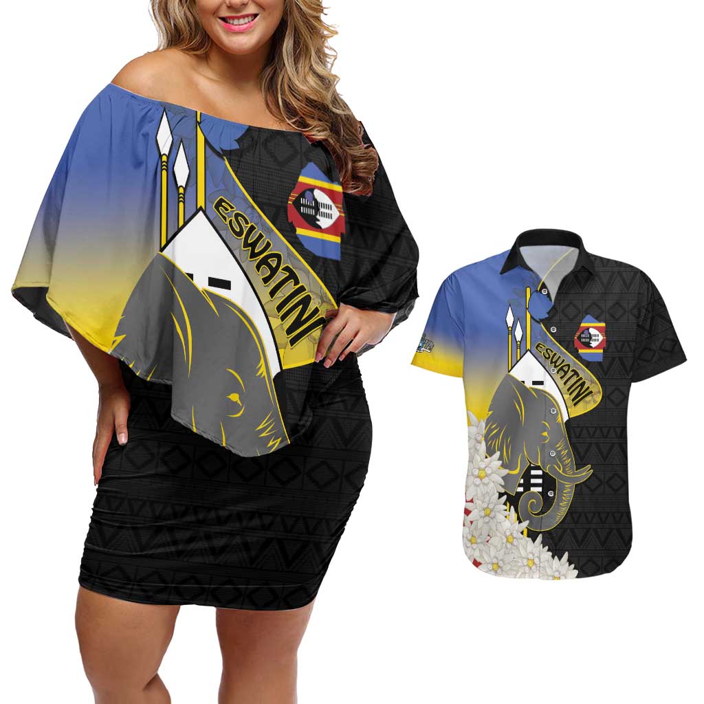 Eswatini Independence Day Couples Matching Off Shoulder Short Dress and Hawaiian Shirt Swaziland Nguni Shield African Pattern - Wonder Print Shop