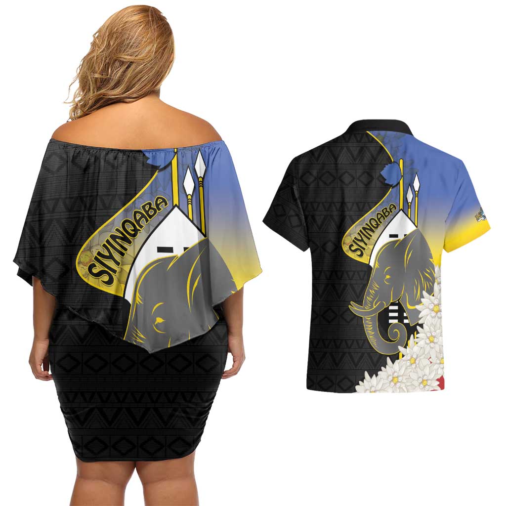 Eswatini Independence Day Couples Matching Off Shoulder Short Dress and Hawaiian Shirt Swaziland Nguni Shield African Pattern - Wonder Print Shop