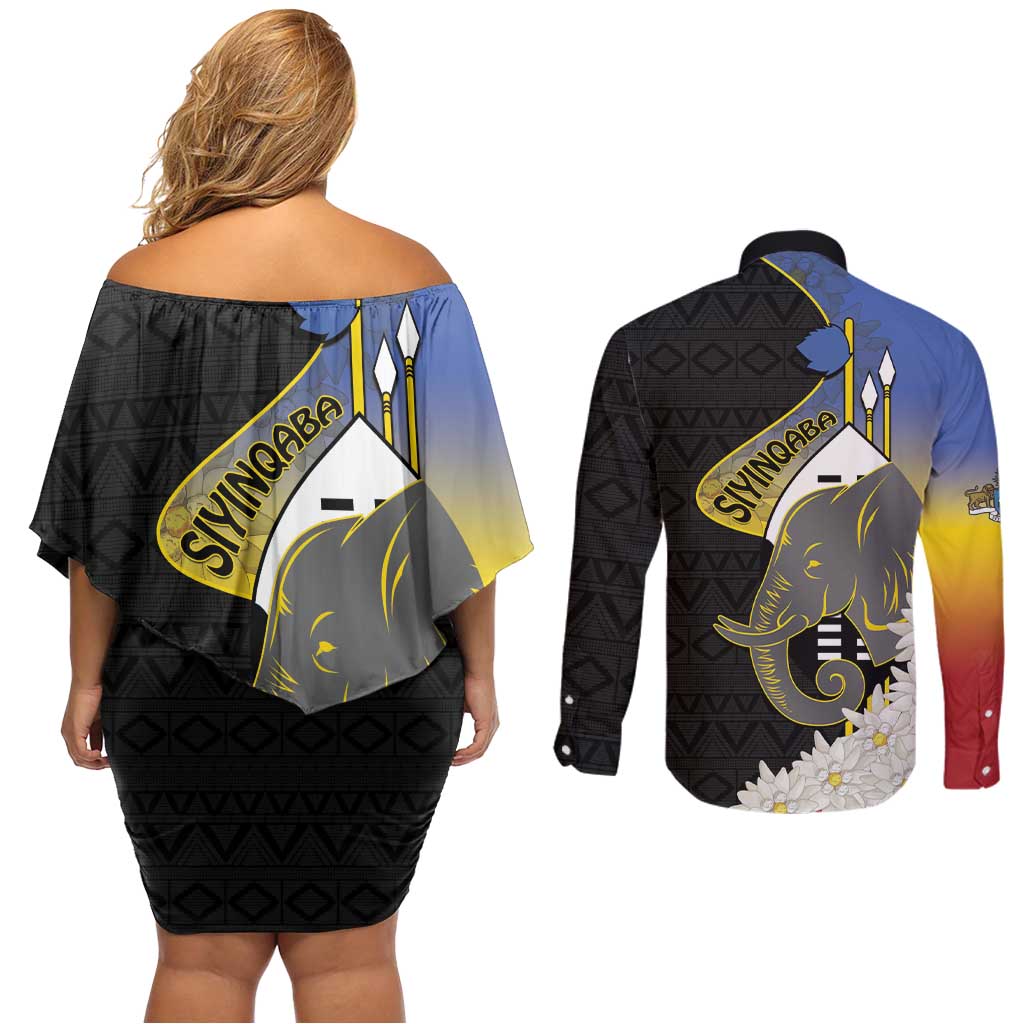 Eswatini Independence Day Couples Matching Off Shoulder Short Dress and Long Sleeve Button Shirt Swaziland Nguni Shield African Pattern - Wonder Print Shop