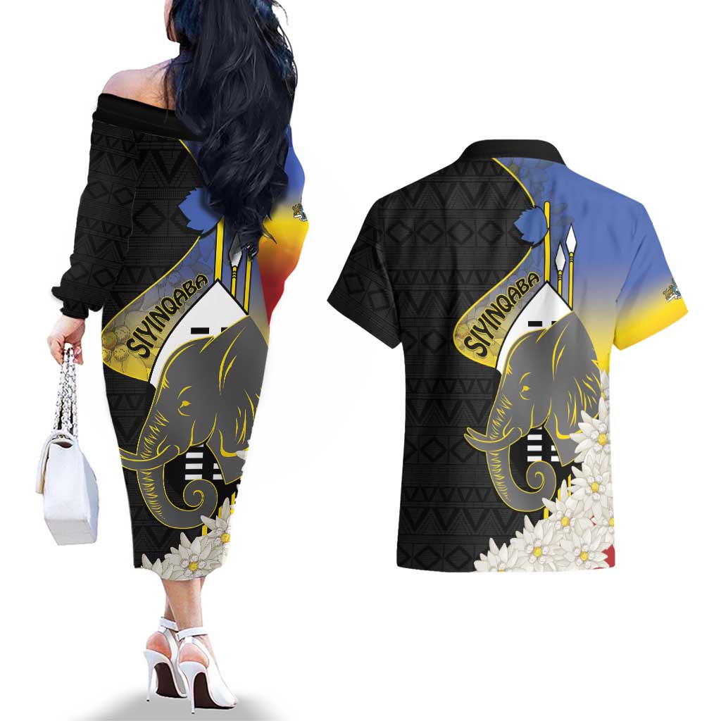Eswatini Independence Day Couples Matching Off The Shoulder Long Sleeve Dress and Hawaiian Shirt Swaziland Nguni Shield African Pattern - Wonder Print Shop