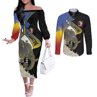 Eswatini Independence Day Couples Matching Off The Shoulder Long Sleeve Dress and Long Sleeve Button Shirt Swaziland Nguni Shield African Pattern - Wonder Print Shop
