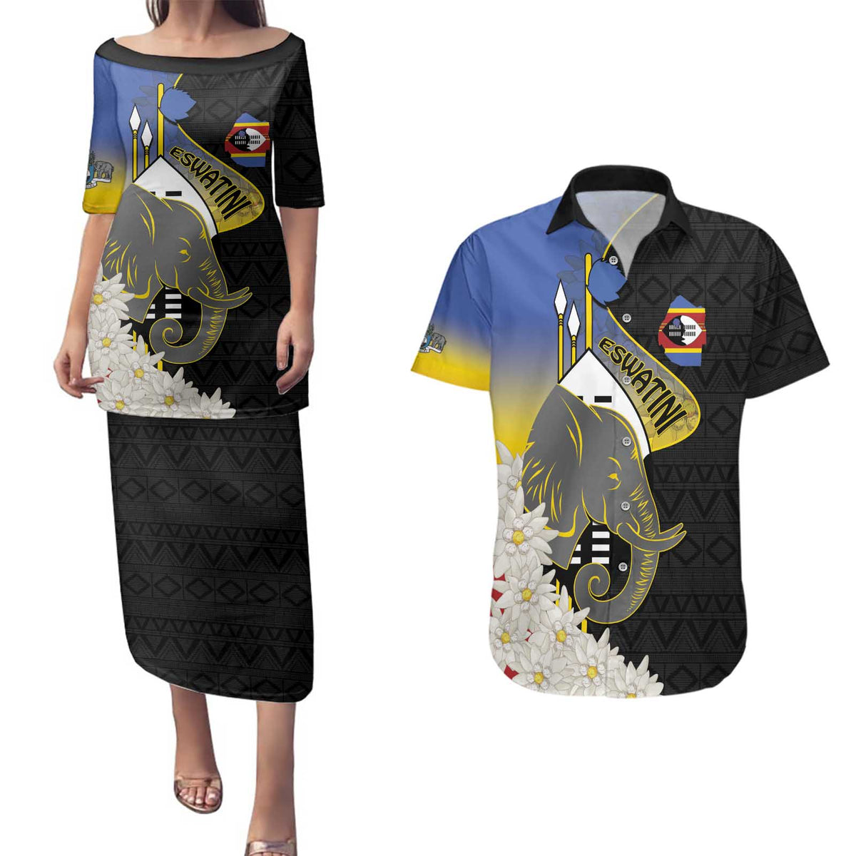 Eswatini Independence Day Couples Matching Puletasi and Hawaiian Shirt Swaziland Nguni Shield African Pattern - Wonder Print Shop