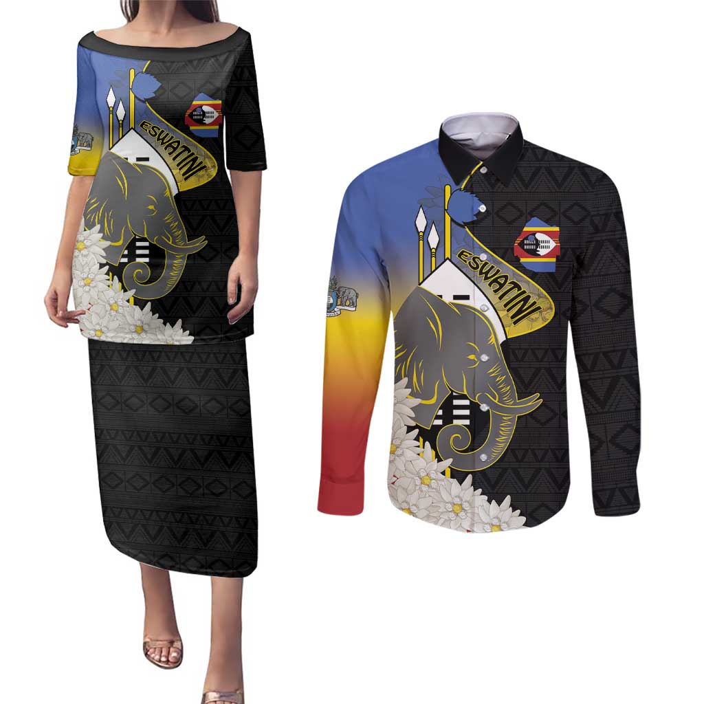 Eswatini Independence Day Couples Matching Puletasi and Long Sleeve Button Shirt Swaziland Nguni Shield African Pattern - Wonder Print Shop