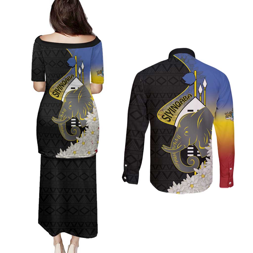 Eswatini Independence Day Couples Matching Puletasi and Long Sleeve Button Shirt Swaziland Nguni Shield African Pattern - Wonder Print Shop