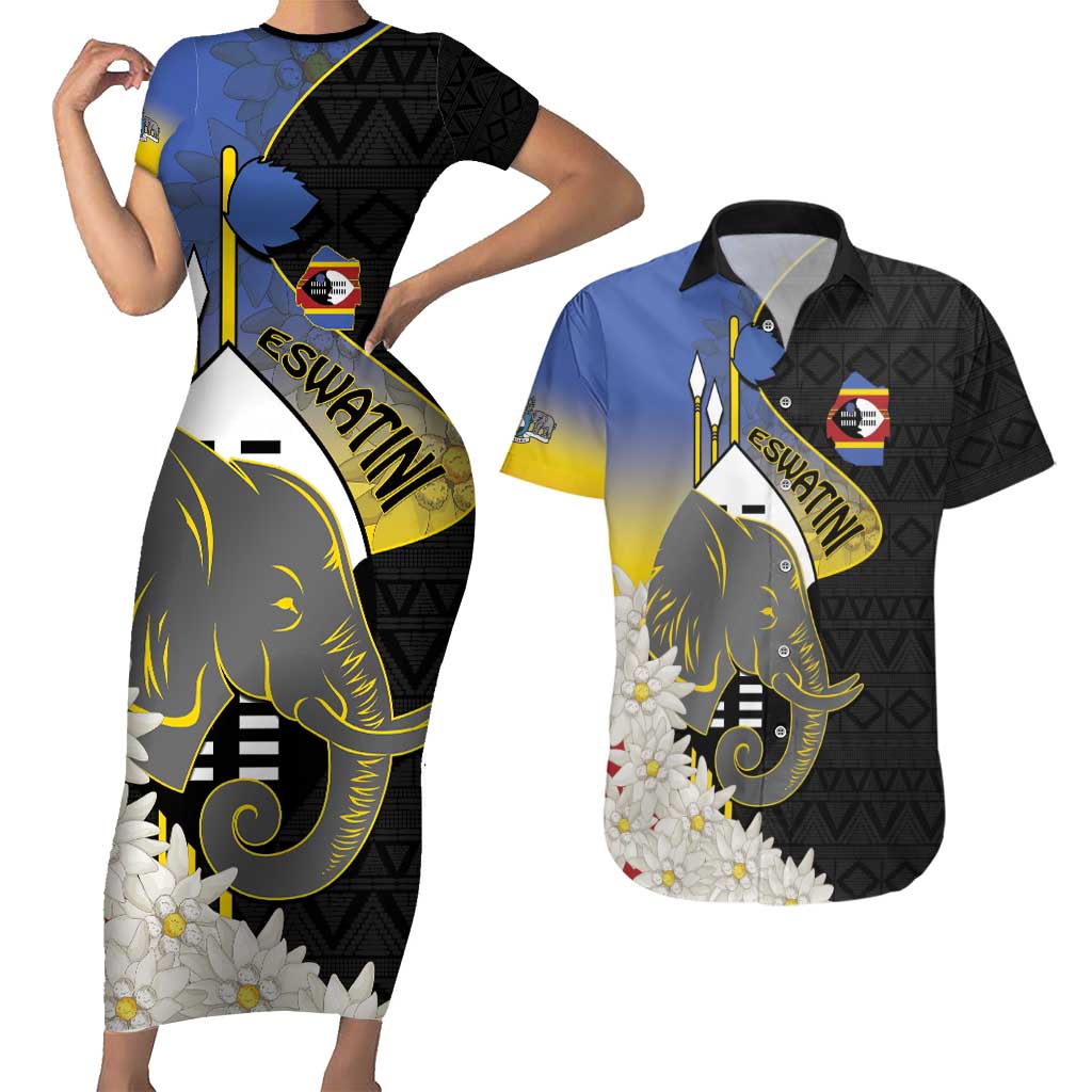 Eswatini Independence Day Couples Matching Short Sleeve Bodycon Dress and Hawaiian Shirt Swaziland Nguni Shield African Pattern - Wonder Print Shop