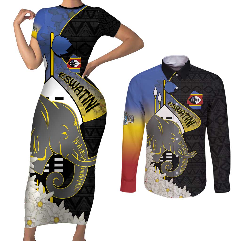 Eswatini Independence Day Couples Matching Short Sleeve Bodycon Dress and Long Sleeve Button Shirt Swaziland Nguni Shield African Pattern - Wonder Print Shop