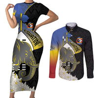 Eswatini Independence Day Couples Matching Short Sleeve Bodycon Dress and Long Sleeve Button Shirt Swaziland Nguni Shield African Pattern - Wonder Print Shop