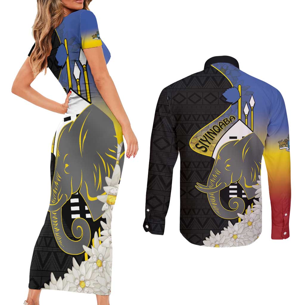 Eswatini Independence Day Couples Matching Short Sleeve Bodycon Dress and Long Sleeve Button Shirt Swaziland Nguni Shield African Pattern - Wonder Print Shop