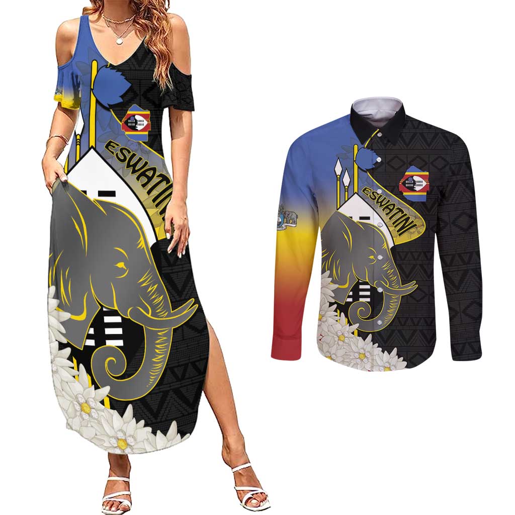 Eswatini Independence Day Couples Matching Summer Maxi Dress and Long Sleeve Button Shirt Swaziland Nguni Shield African Pattern - Wonder Print Shop