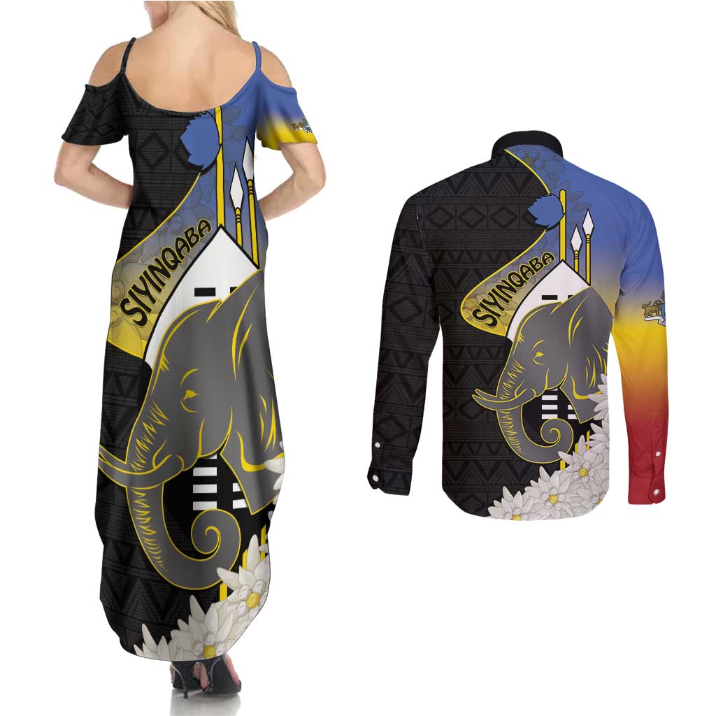 Eswatini Independence Day Couples Matching Summer Maxi Dress and Long Sleeve Button Shirt Swaziland Nguni Shield African Pattern - Wonder Print Shop