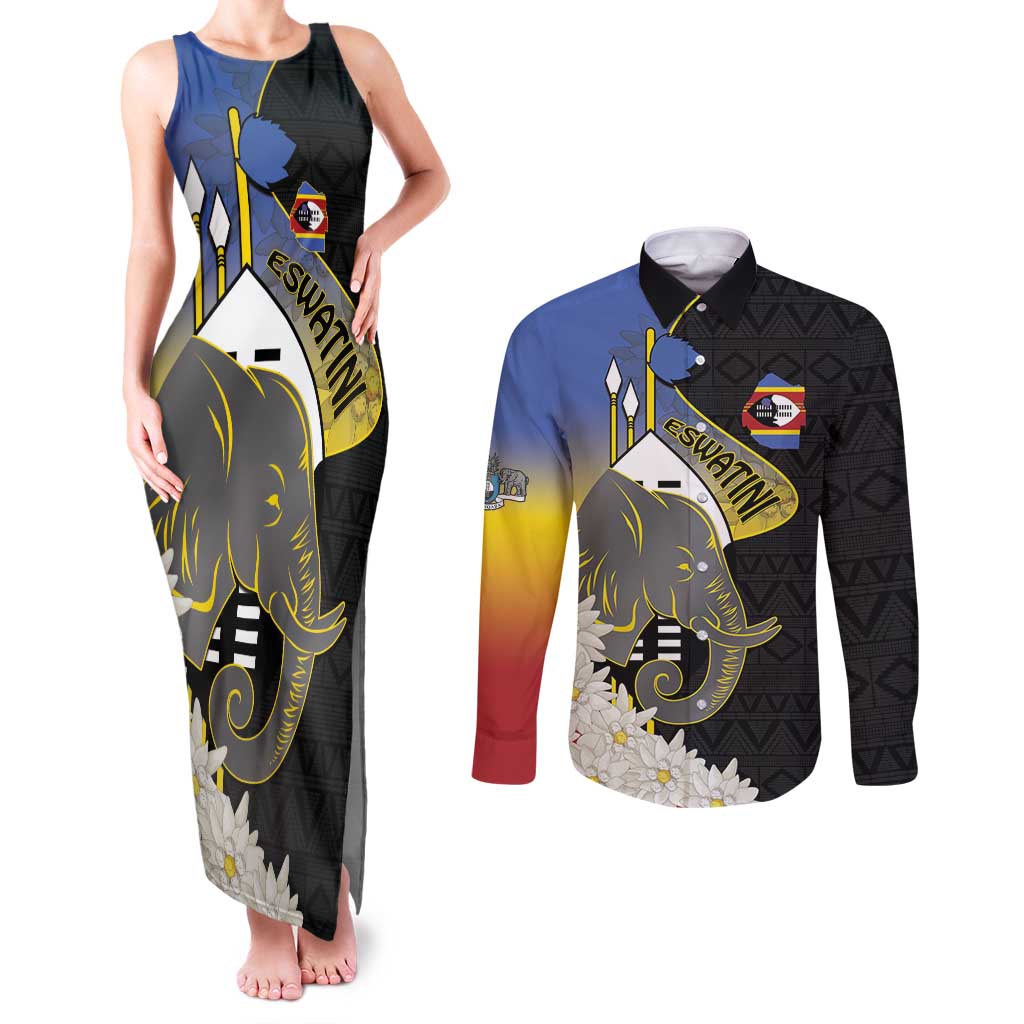 Eswatini Independence Day Couples Matching Tank Maxi Dress and Long Sleeve Button Shirt Swaziland Nguni Shield African Pattern - Wonder Print Shop