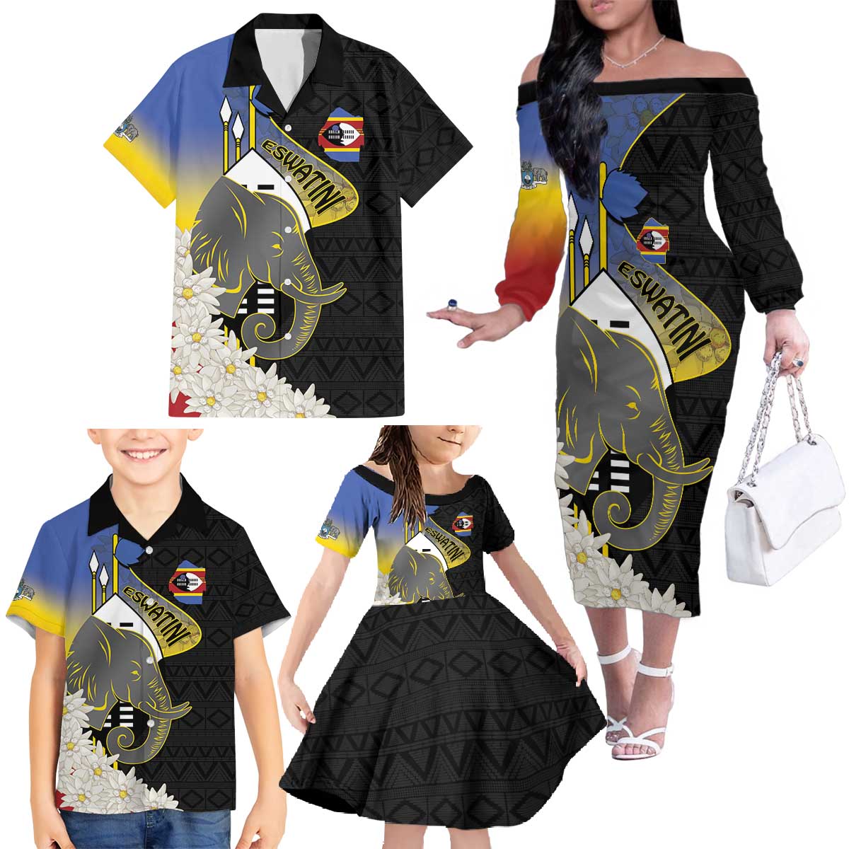 Eswatini Independence Day Family Matching Off The Shoulder Long Sleeve Dress and Hawaiian Shirt Swaziland Nguni Shield African Pattern - Wonder Print Shop