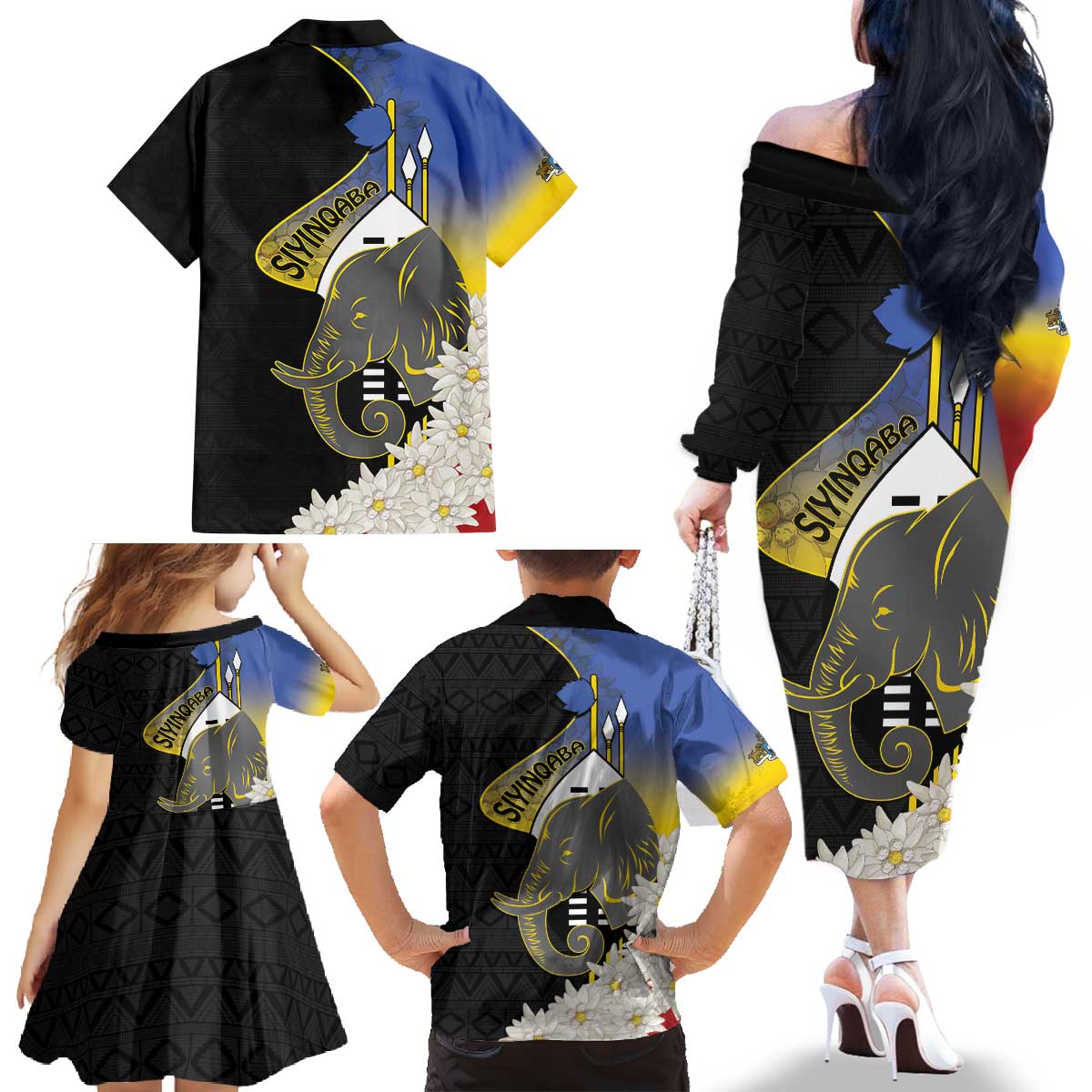 Eswatini Independence Day Family Matching Off The Shoulder Long Sleeve Dress and Hawaiian Shirt Swaziland Nguni Shield African Pattern - Wonder Print Shop