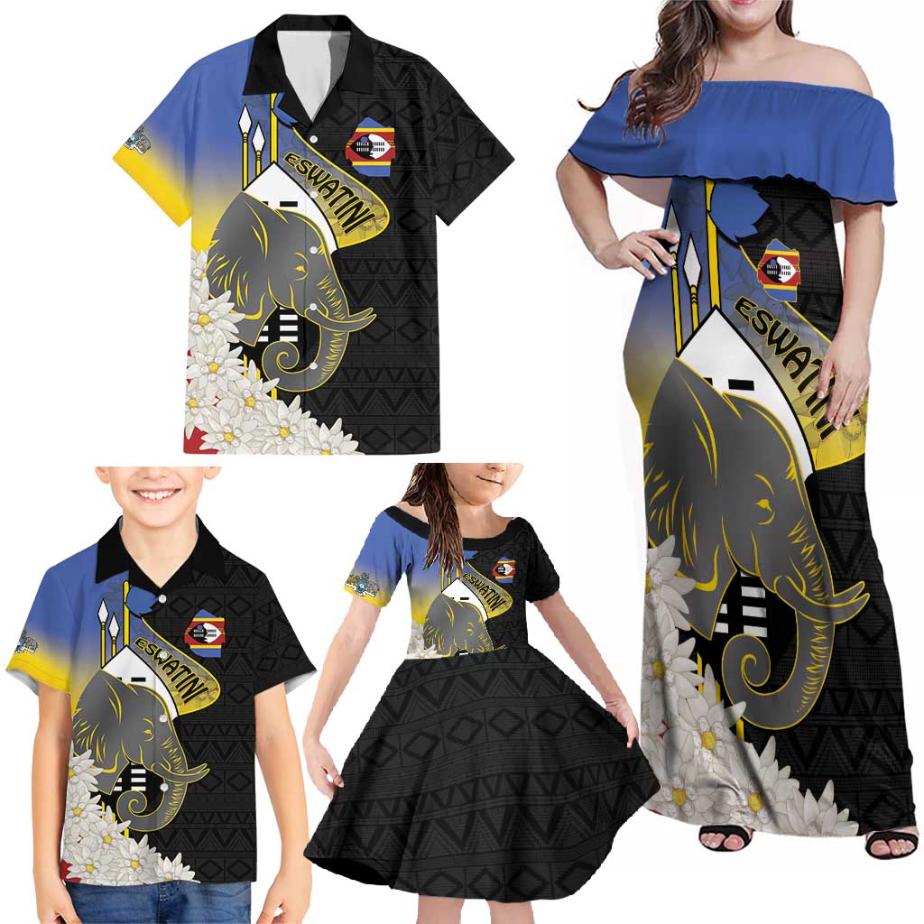 Eswatini Independence Day Family Matching Off Shoulder Maxi Dress and Hawaiian Shirt Swaziland Nguni Shield African Pattern - Wonder Print Shop