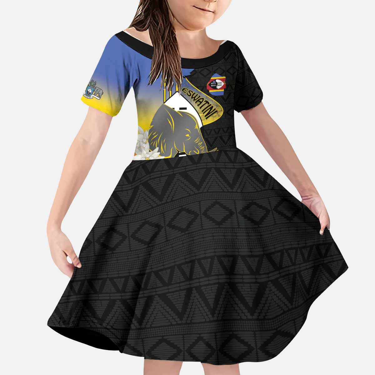 Eswatini Independence Day Kid Short Sleeve Dress Swaziland Nguni Shield African Pattern - Wonder Print Shop