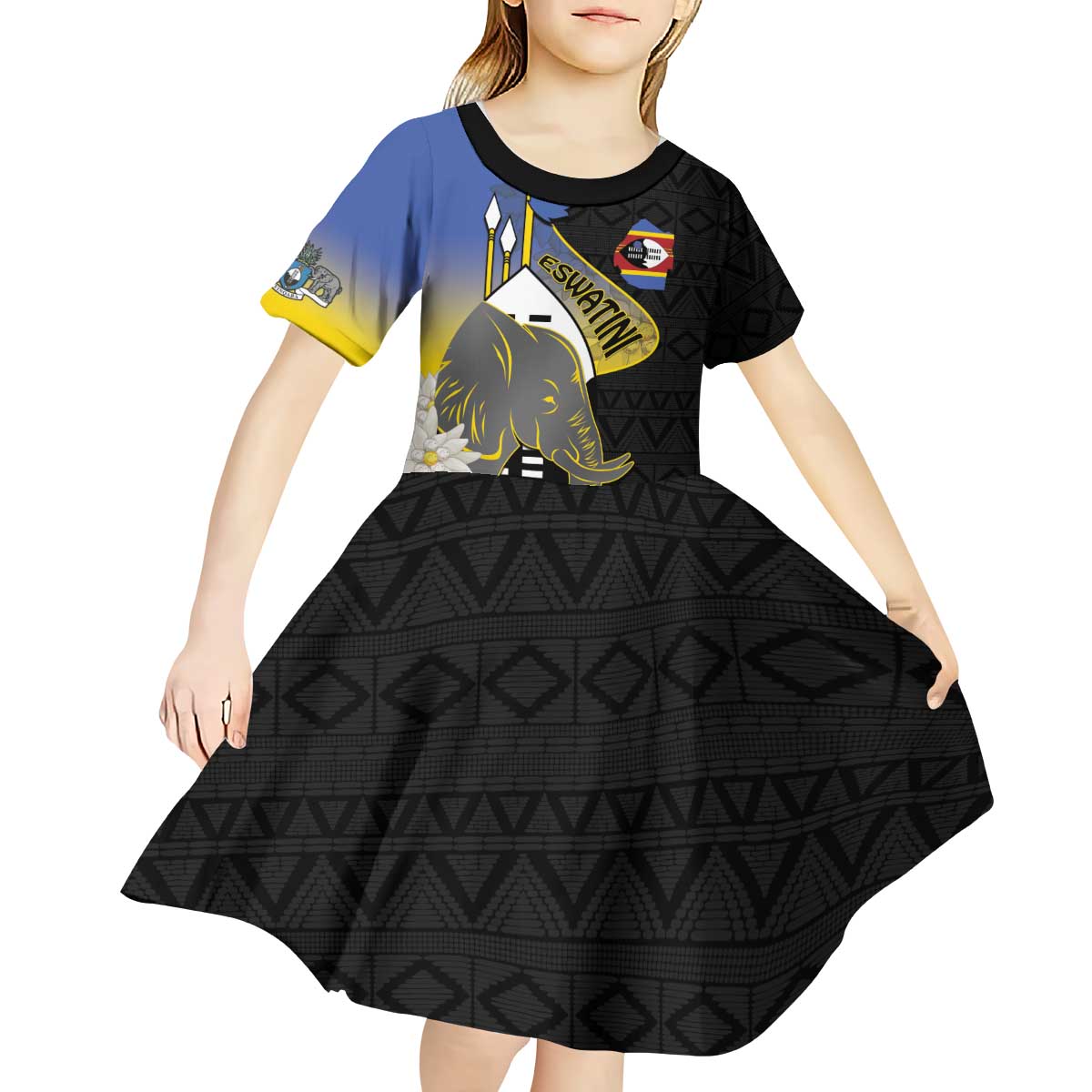 Eswatini Independence Day Kid Short Sleeve Dress Swaziland Nguni Shield African Pattern - Wonder Print Shop