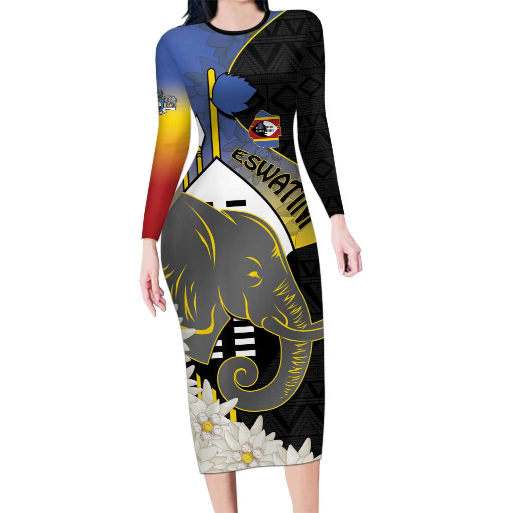Eswatini Independence Day Long Sleeve Bodycon Dress Swaziland Nguni Shield African Pattern - Wonder Print Shop
