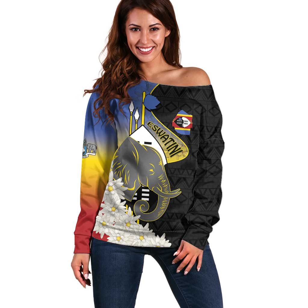 Eswatini Independence Day Off Shoulder Sweater Swaziland Nguni Shield African Pattern - Wonder Print Shop