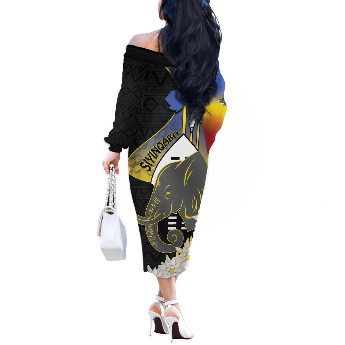 Eswatini Independence Day Off The Shoulder Long Sleeve Dress Swaziland Nguni Shield African Pattern - Wonder Print Shop