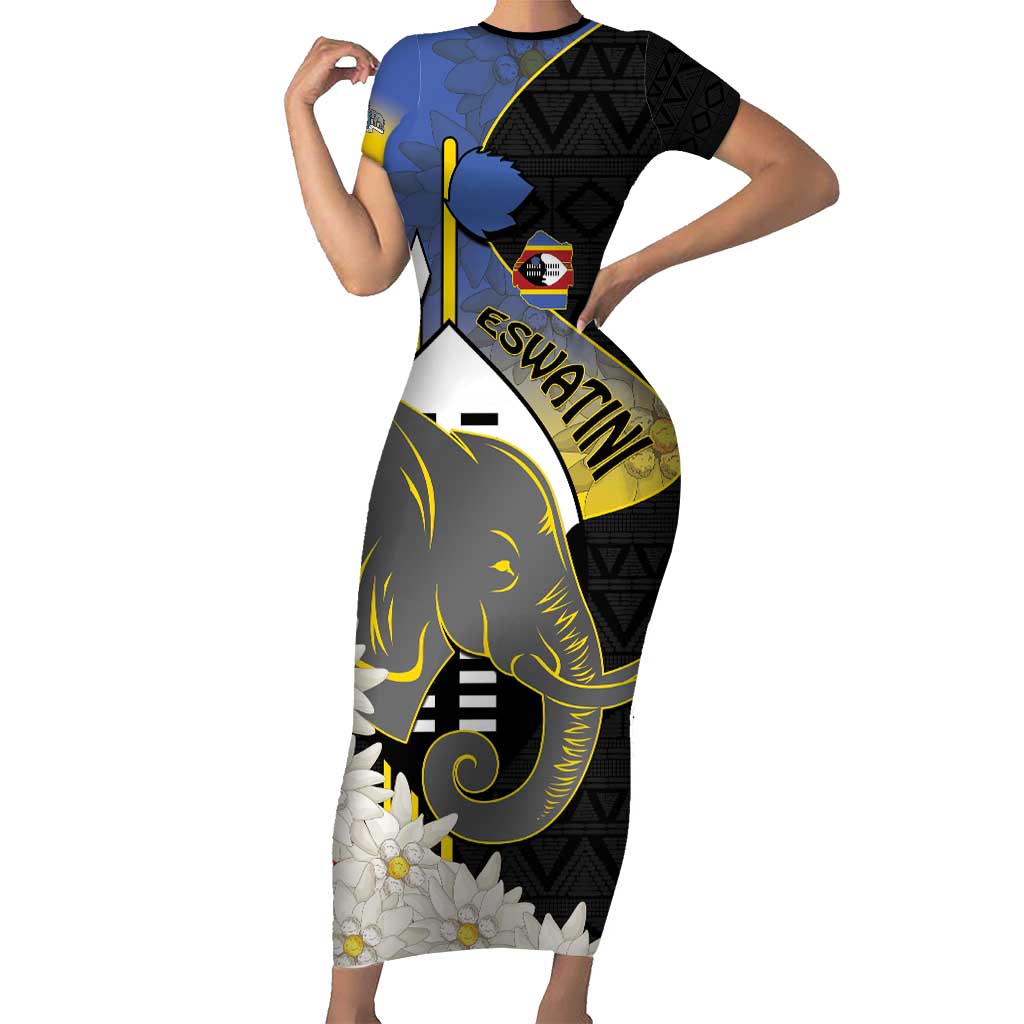 Eswatini Independence Day Short Sleeve Bodycon Dress Swaziland Nguni Shield African Pattern - Wonder Print Shop