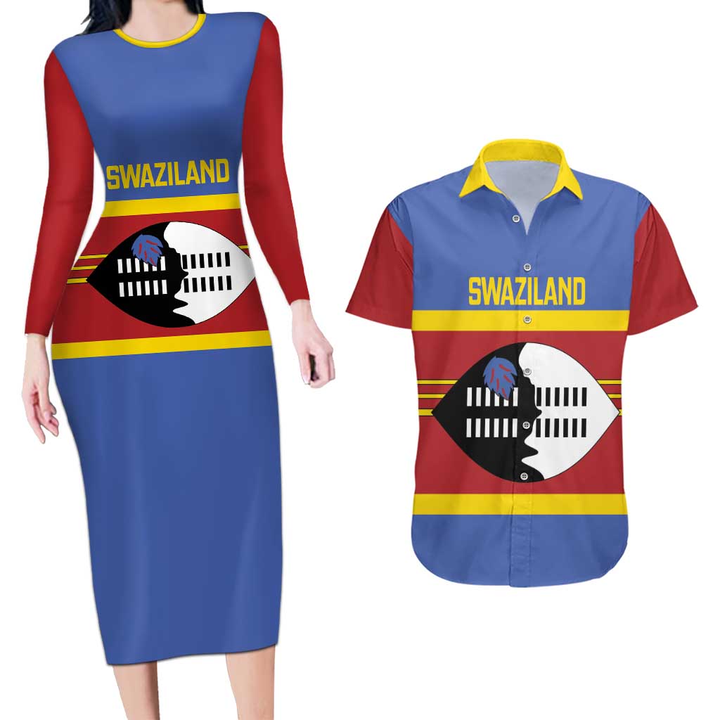 Swaziland Couples Matching Long Sleeve Bodycon Dress and Hawaiian Shirt Siyinqaba Eswatini Flag Style - Wonder Print Shop