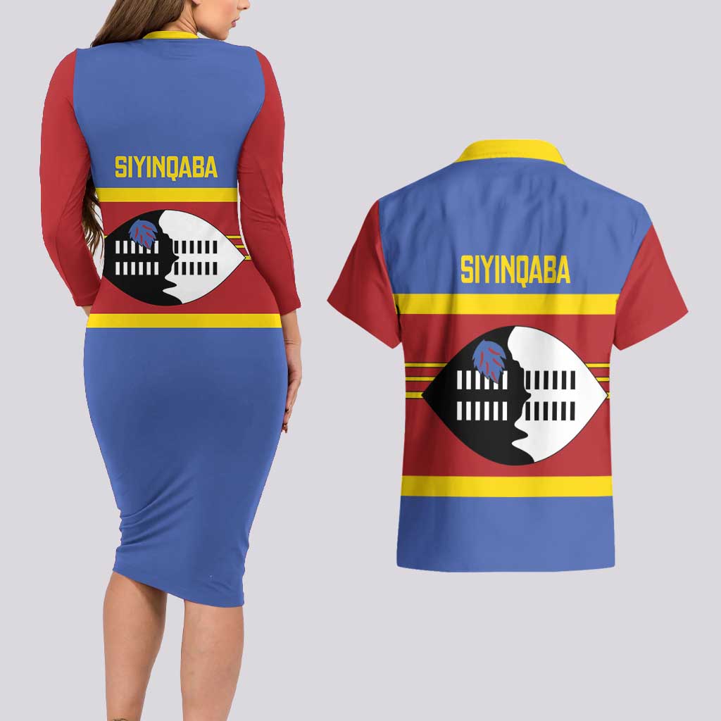 Swaziland Couples Matching Long Sleeve Bodycon Dress and Hawaiian Shirt Siyinqaba Eswatini Flag Style - Wonder Print Shop