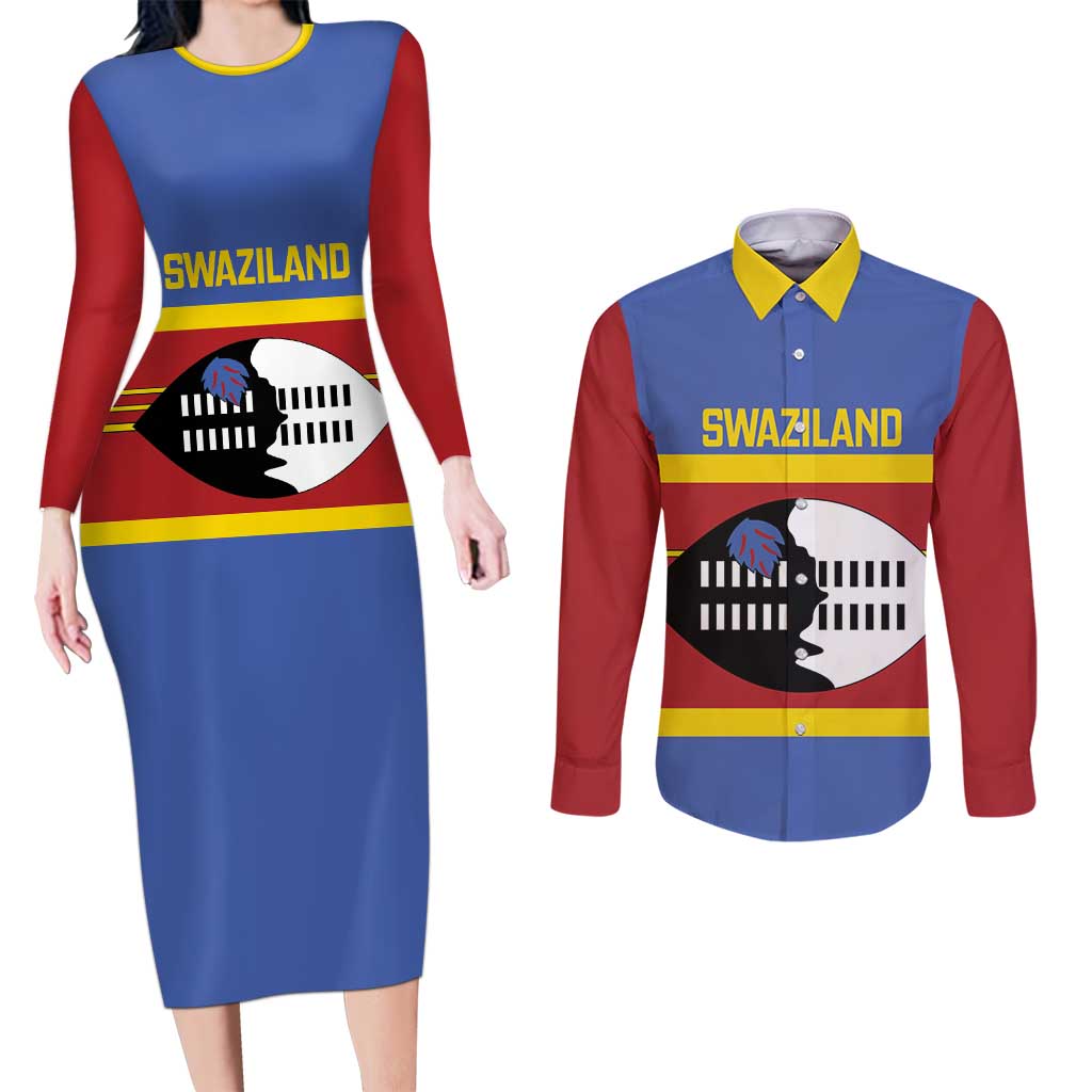 Swaziland Couples Matching Long Sleeve Bodycon Dress and Long Sleeve Button Shirt Siyinqaba Eswatini Flag Style - Wonder Print Shop
