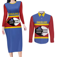 Swaziland Couples Matching Long Sleeve Bodycon Dress and Long Sleeve Button Shirt Siyinqaba Eswatini Flag Style - Wonder Print Shop
