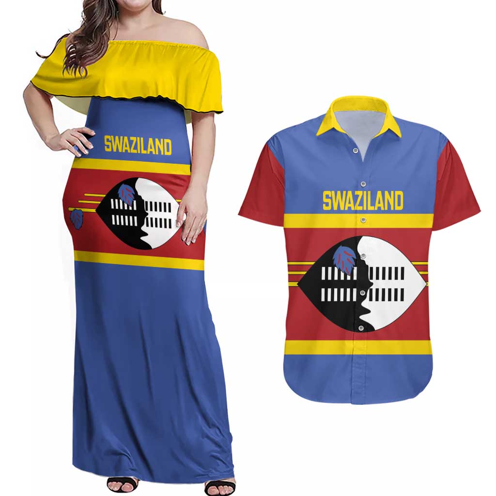 Swaziland Couples Matching Off Shoulder Maxi Dress and Hawaiian Shirt Siyinqaba Eswatini Flag Style - Wonder Print Shop