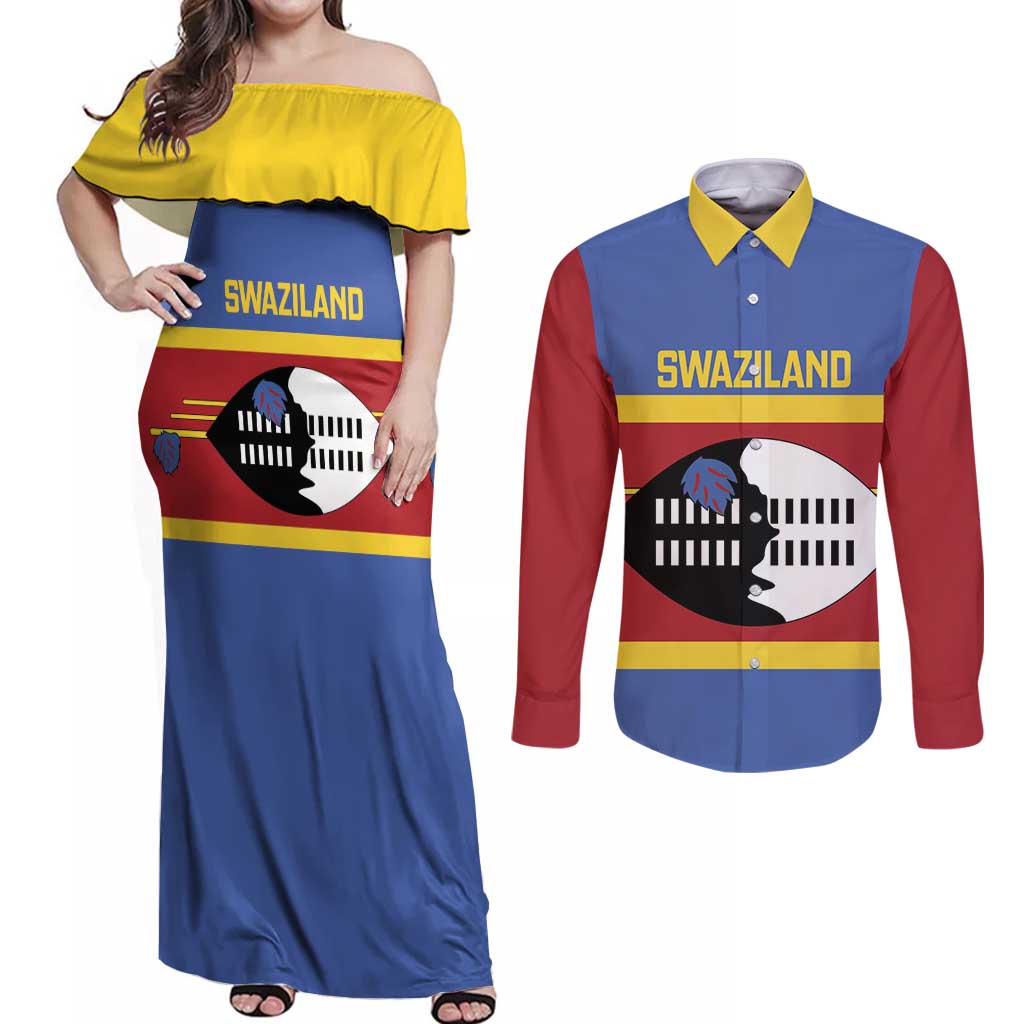 Swaziland Couples Matching Off Shoulder Maxi Dress and Long Sleeve Button Shirt Siyinqaba Eswatini Flag Style - Wonder Print Shop