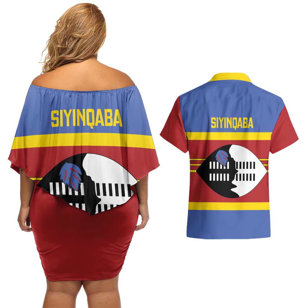Swaziland Couples Matching Off Shoulder Short Dress and Hawaiian Shirt Siyinqaba Eswatini Flag Style - Wonder Print Shop