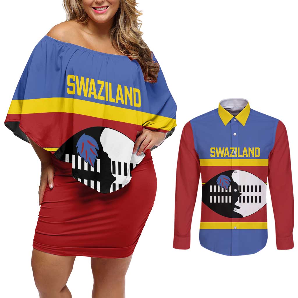 Swaziland Couples Matching Off Shoulder Short Dress and Long Sleeve Button Shirt Siyinqaba Eswatini Flag Style - Wonder Print Shop