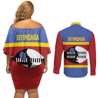 Swaziland Couples Matching Off Shoulder Short Dress and Long Sleeve Button Shirt Siyinqaba Eswatini Flag Style - Wonder Print Shop