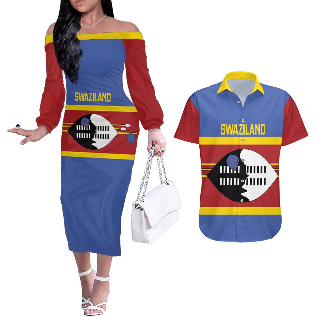 Swaziland Couples Matching Off The Shoulder Long Sleeve Dress and Hawaiian Shirt Siyinqaba Eswatini Flag Style - Wonder Print Shop