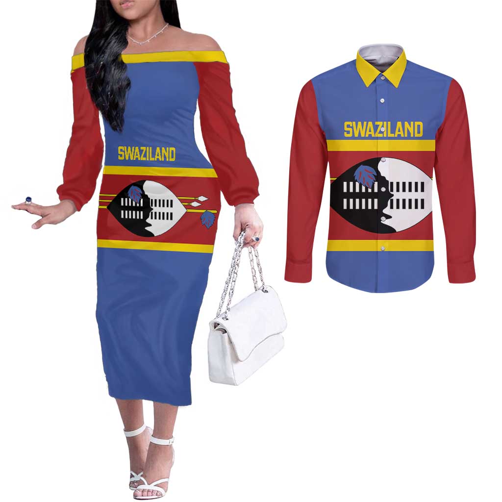 Swaziland Couples Matching Off The Shoulder Long Sleeve Dress and Long Sleeve Button Shirt Siyinqaba Eswatini Flag Style - Wonder Print Shop