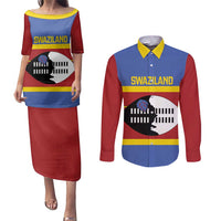 Swaziland Couples Matching Puletasi and Long Sleeve Button Shirt Siyinqaba Eswatini Flag Style - Wonder Print Shop