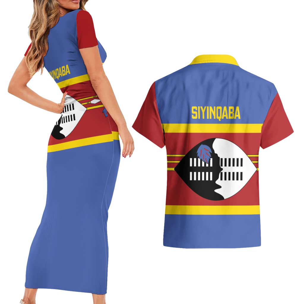 Swaziland Couples Matching Short Sleeve Bodycon Dress and Hawaiian Shirt Siyinqaba Eswatini Flag Style - Wonder Print Shop