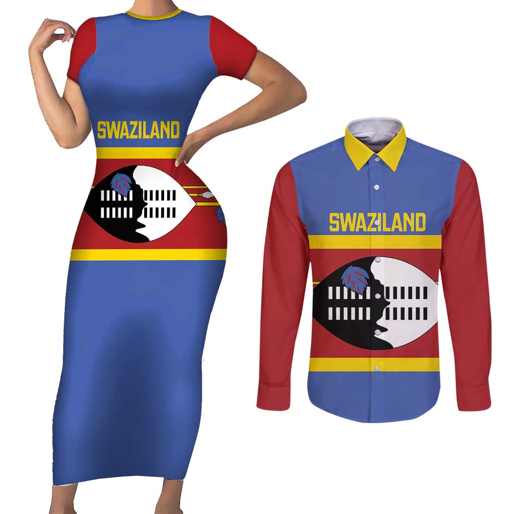 Swaziland Couples Matching Short Sleeve Bodycon Dress and Long Sleeve Button Shirt Siyinqaba Eswatini Flag Style - Wonder Print Shop