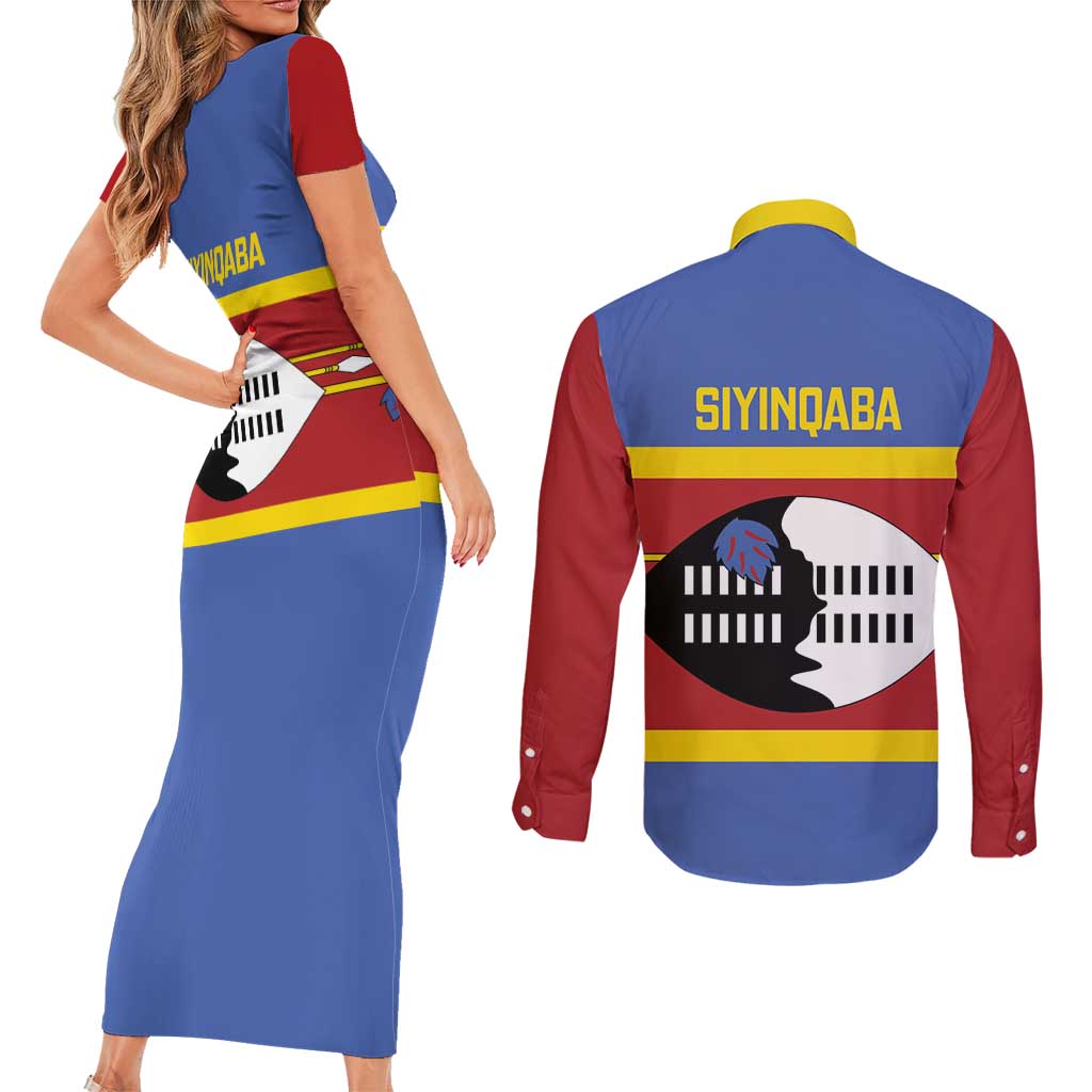 Swaziland Couples Matching Short Sleeve Bodycon Dress and Long Sleeve Button Shirt Siyinqaba Eswatini Flag Style - Wonder Print Shop