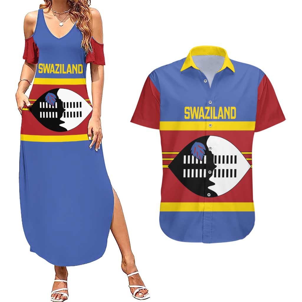 Swaziland Couples Matching Summer Maxi Dress and Hawaiian Shirt Siyinqaba Eswatini Flag Style - Wonder Print Shop