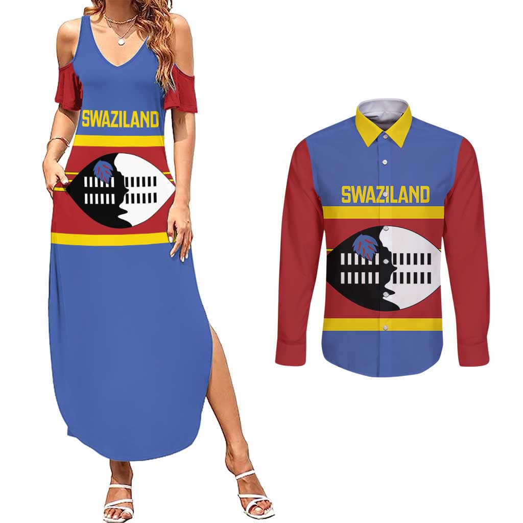 Swaziland Couples Matching Summer Maxi Dress and Long Sleeve Button Shirt Siyinqaba Eswatini Flag Style - Wonder Print Shop