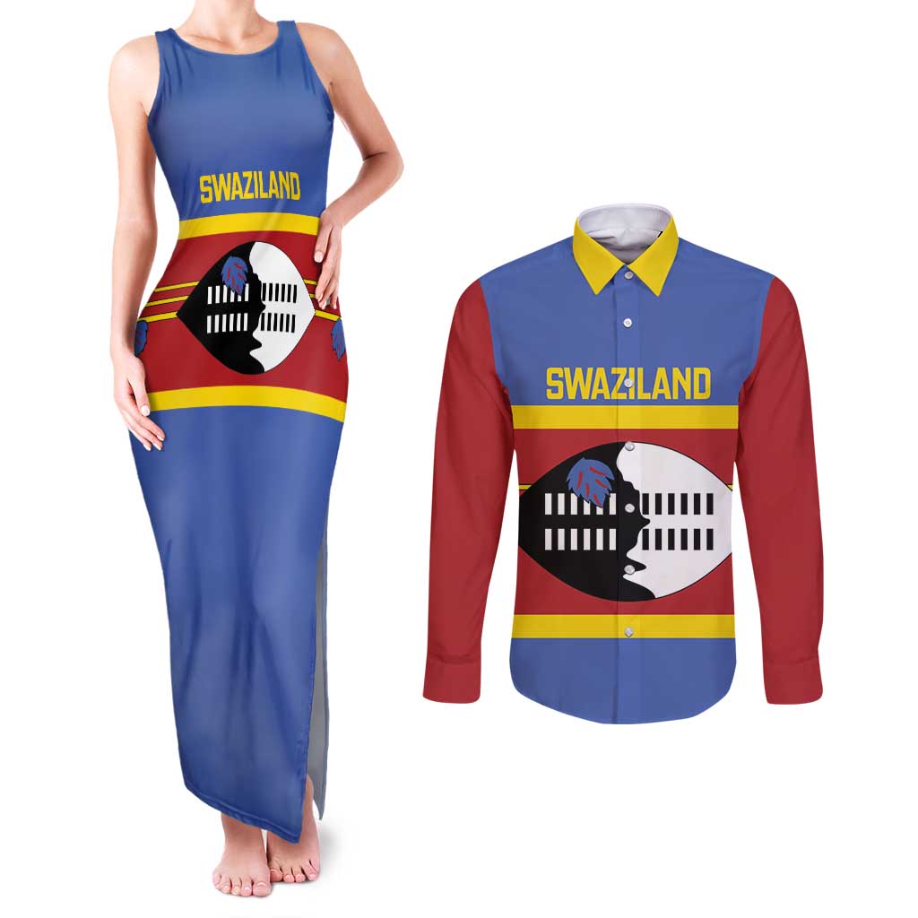 Swaziland Couples Matching Tank Maxi Dress and Long Sleeve Button Shirt Siyinqaba Eswatini Flag Style - Wonder Print Shop