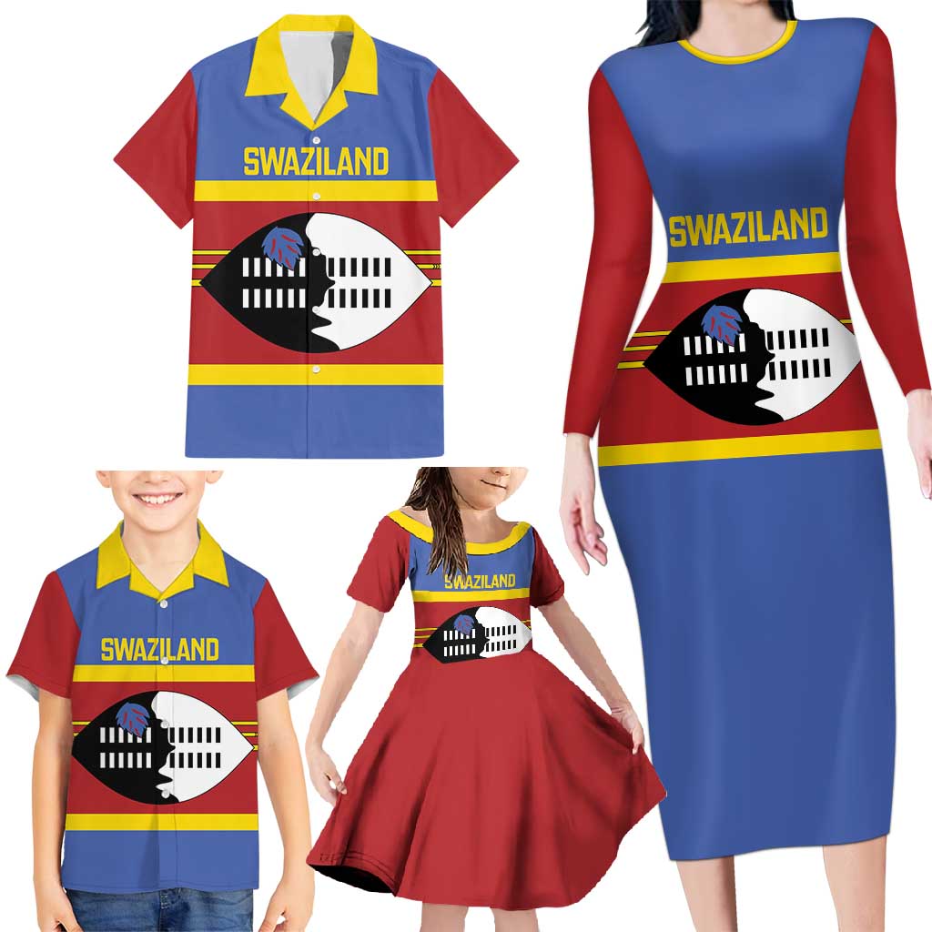 Swaziland Family Matching Long Sleeve Bodycon Dress and Hawaiian Shirt Siyinqaba Eswatini Flag Style - Wonder Print Shop