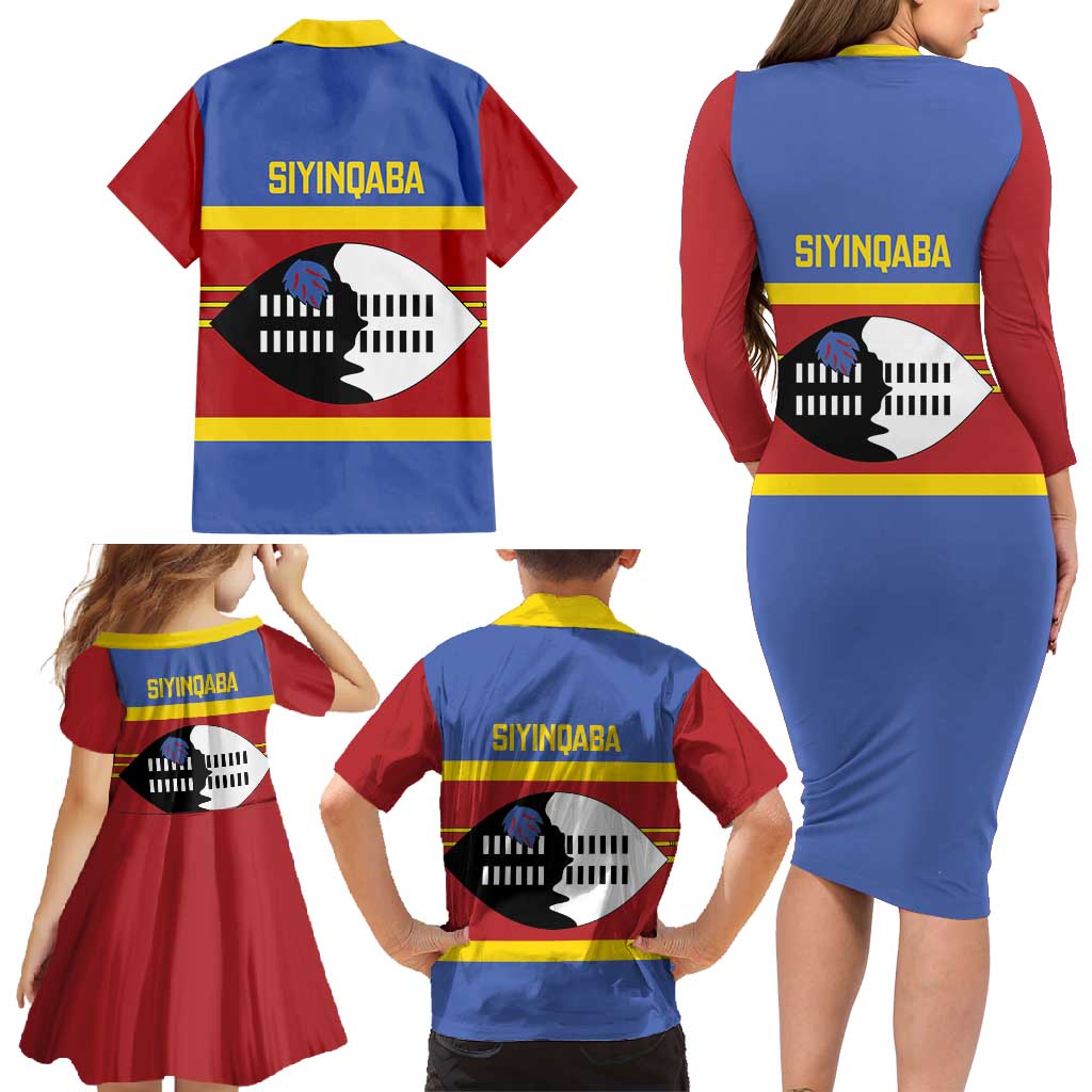 Swaziland Family Matching Long Sleeve Bodycon Dress and Hawaiian Shirt Siyinqaba Eswatini Flag Style - Wonder Print Shop