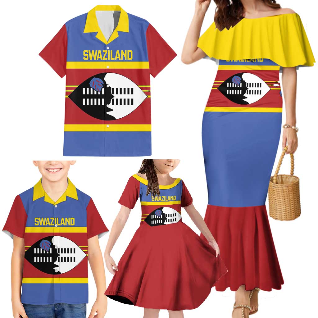 Swaziland Family Matching Mermaid Dress and Hawaiian Shirt Siyinqaba Eswatini Flag Style - Wonder Print Shop