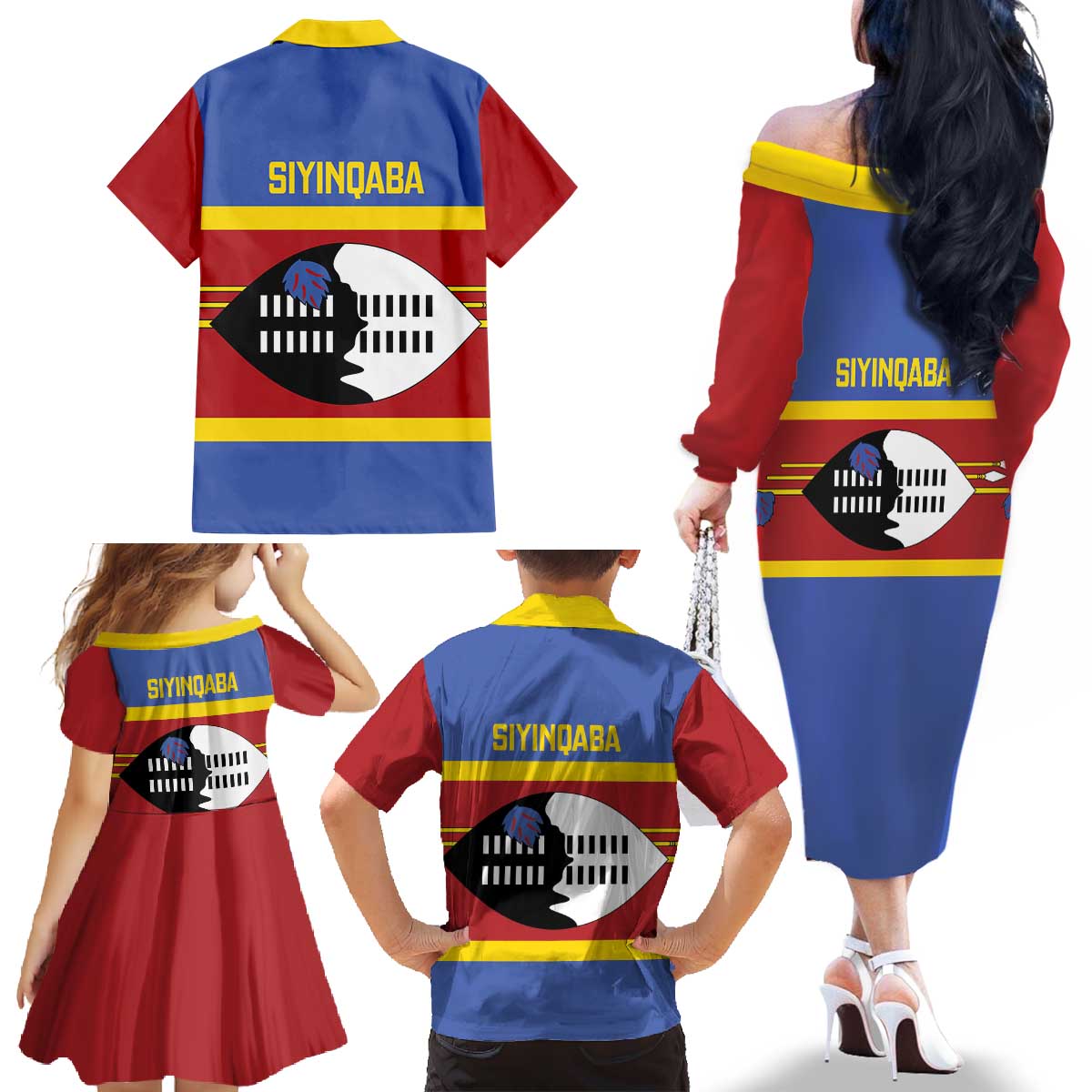 Swaziland Family Matching Off The Shoulder Long Sleeve Dress and Hawaiian Shirt Siyinqaba Eswatini Flag Style - Wonder Print Shop