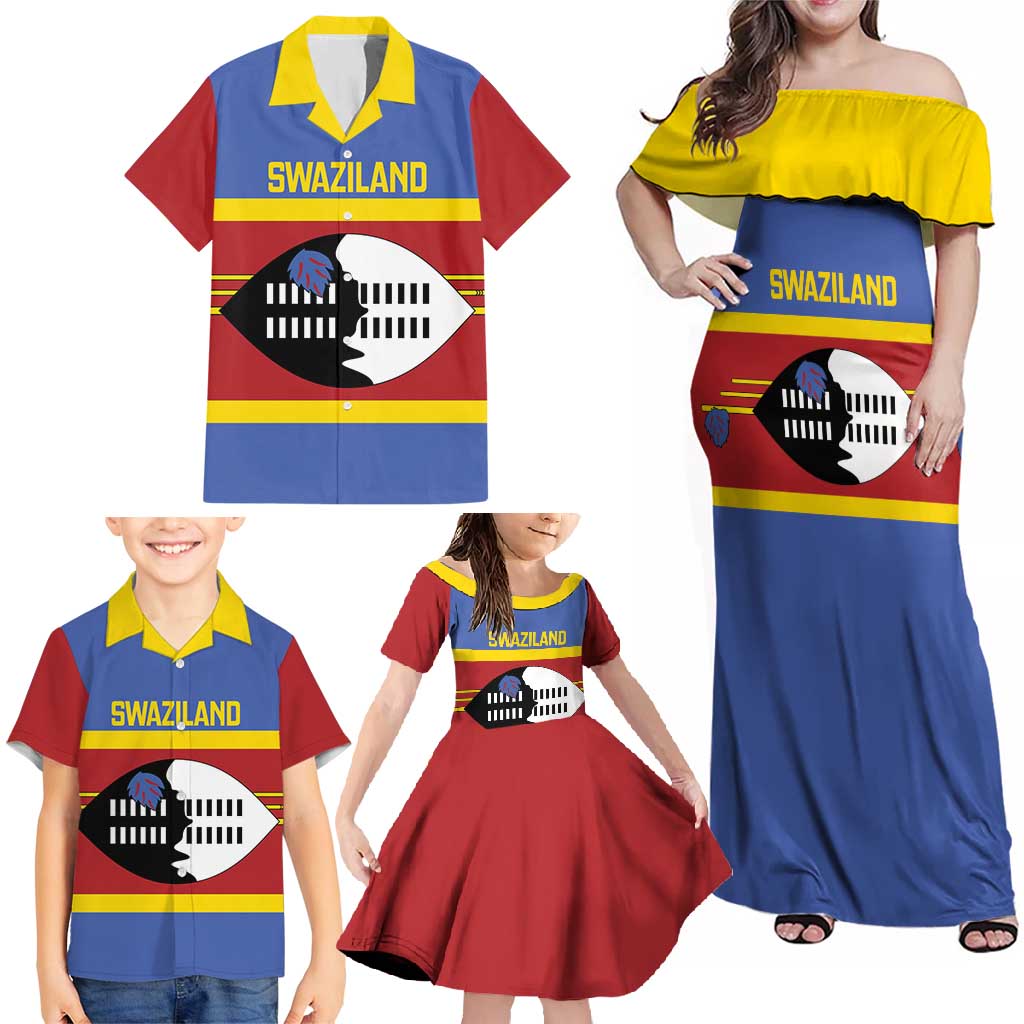 Swaziland Family Matching Off Shoulder Maxi Dress and Hawaiian Shirt Siyinqaba Eswatini Flag Style - Wonder Print Shop